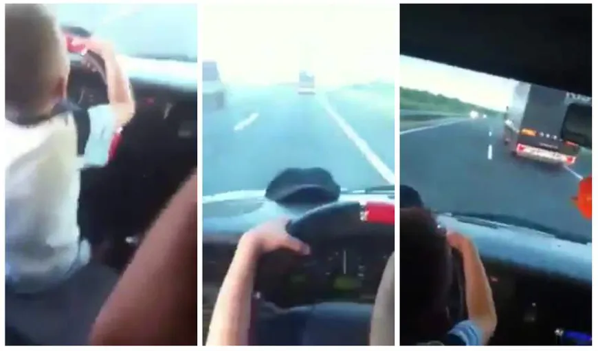 Imagini incredibile! Un copil la volan, pe autostradă în România. E singur pe scaun şi intră în depăşire VIDEO