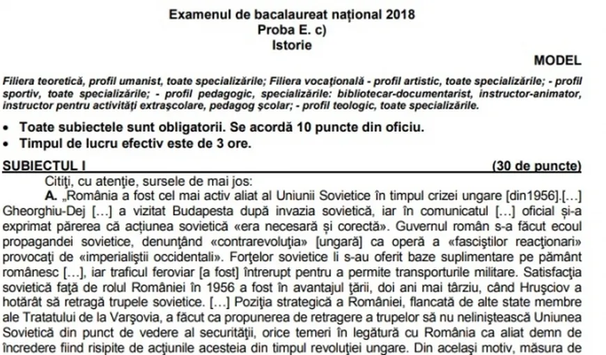 SUBIECTE ISTORIE BACALAUREAT 2018 sesiunea august – septembrie. EDU.RO a publicat SUBIECTE şi BAREME la istorie, la Bacalaureat 2018