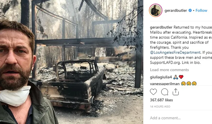 Actorul Gerard Butler şi cântăreaţa Miley Cyrus au rămas fără case după incendiile din California
