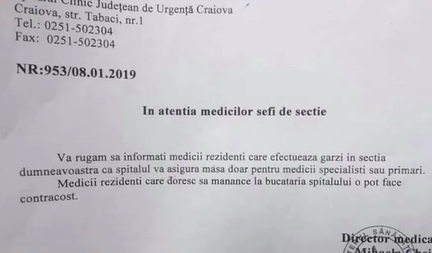 Rezidenţii de la Spitalul de Urgenţă Craiova, puşi să-şi plătească mesele în timpul gărzilor, care erau gratuite. Reacţia ministrului