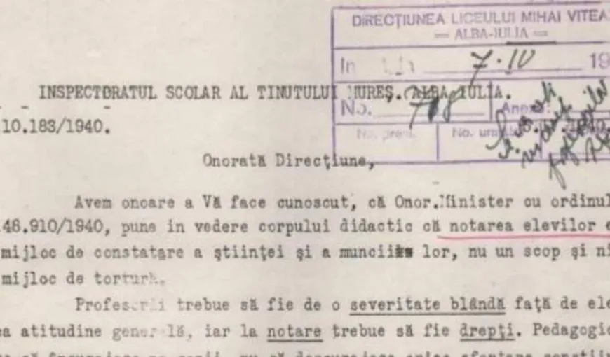 Notarea elevilor în anul 1940. Scrisoarea Inspectoratului Şcolar către un liceu. „Notarea nu este un scop şi nici un…”