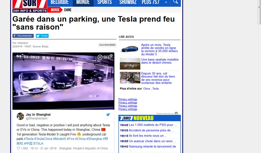 O maşină electrică Tesla a luat foc în parcare