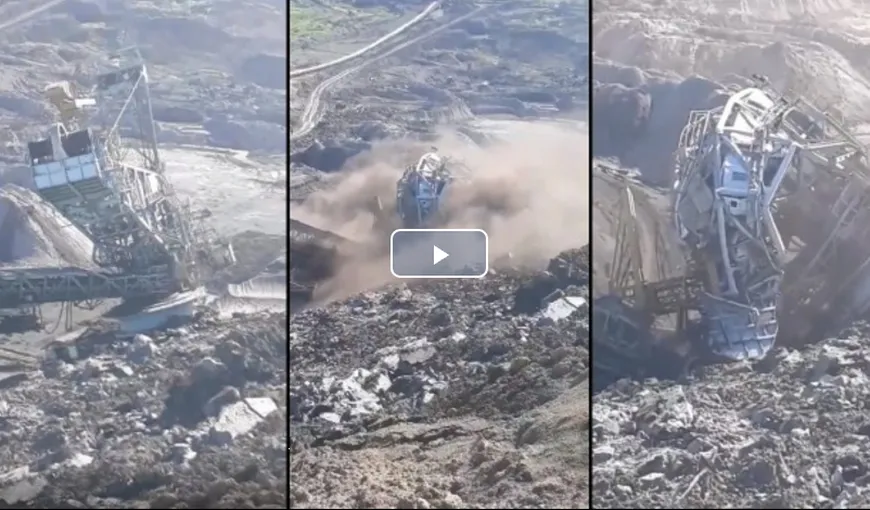Momentul în care un excavator gigant se prăbuşeşte în mina de la Alunu. Imagini dramatice la Vâlcea VIDEO