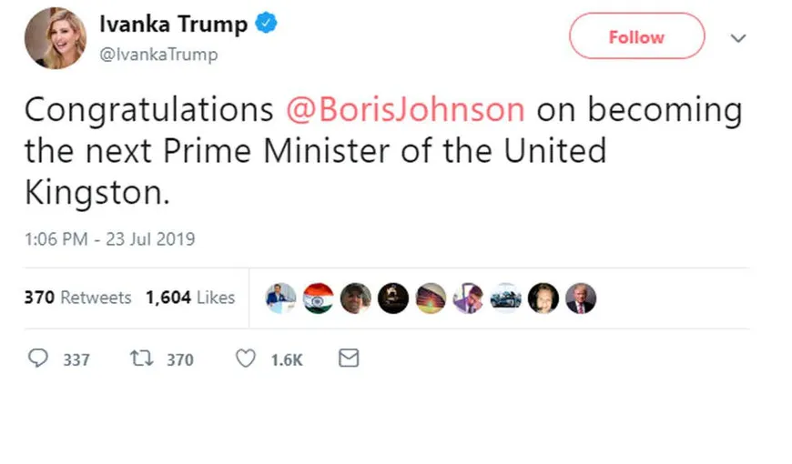 Ivanka Trump l-a felicitat pe Boris Johnson pentru că a devenit noul premier al „United Kingston”