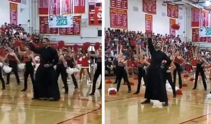 Un preot a dansat, cot la cot cu majoretele, la un eveniment organizat de un liceu