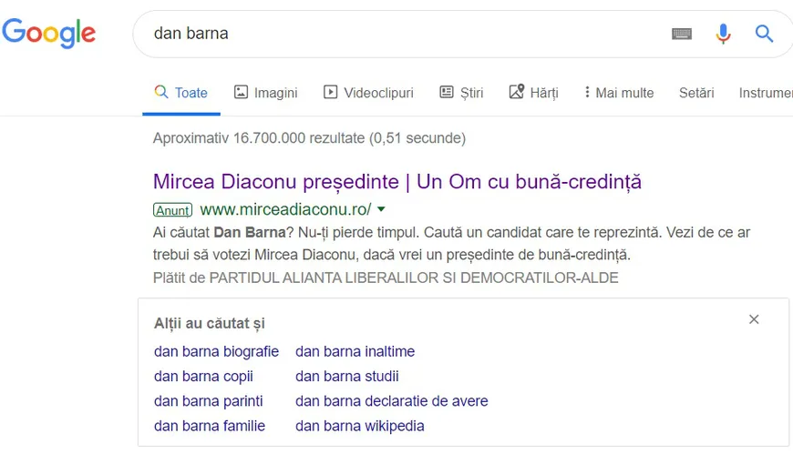 ALEGERI PREZIDENTIALE 2019. De ce îţi apare „Mircea Diaconu” dacă dai căutare „Dan Barna” pe Google?