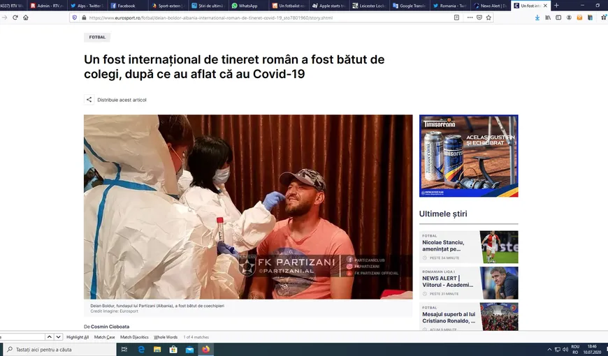 Fotbalist român, bătut de colegii de echipă din cauză că are coronavirus. Drama fostului internaţional de tineret