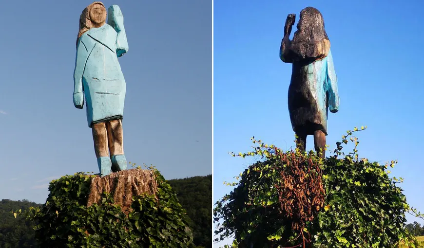 Sculptura din lemn a Melaniei Trump din Slovenia a fost incendiată chiar de Ziua Americii