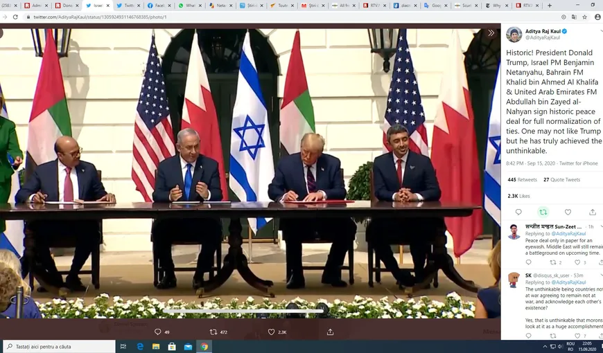 Acorduri istorice semnate între Israel, Emiratele Arabe Unite şi Bahrein, la Washington. „Pot pune capăt conflictului israeliano-arab”