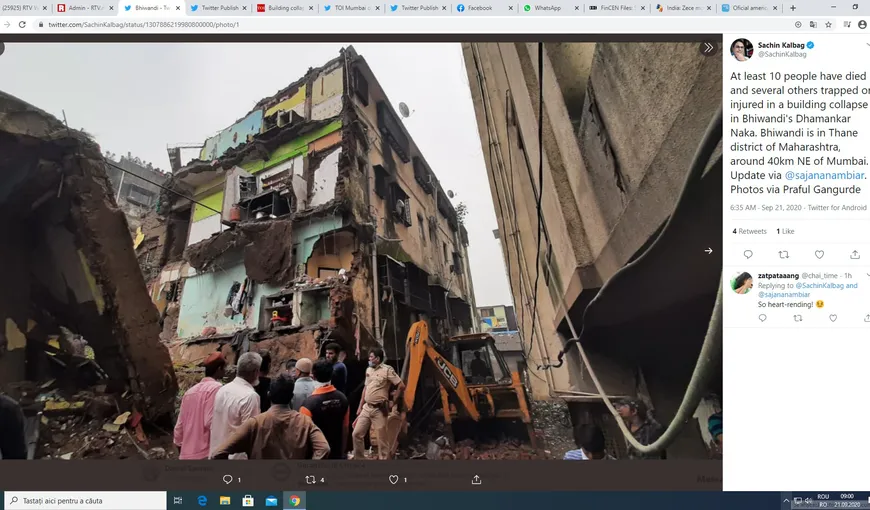 Catastrofă lângă Mumbai, zece oameni au murit în urma prăbuşirii unei clădiri. 25 de persoane se află încă sub dărâmături