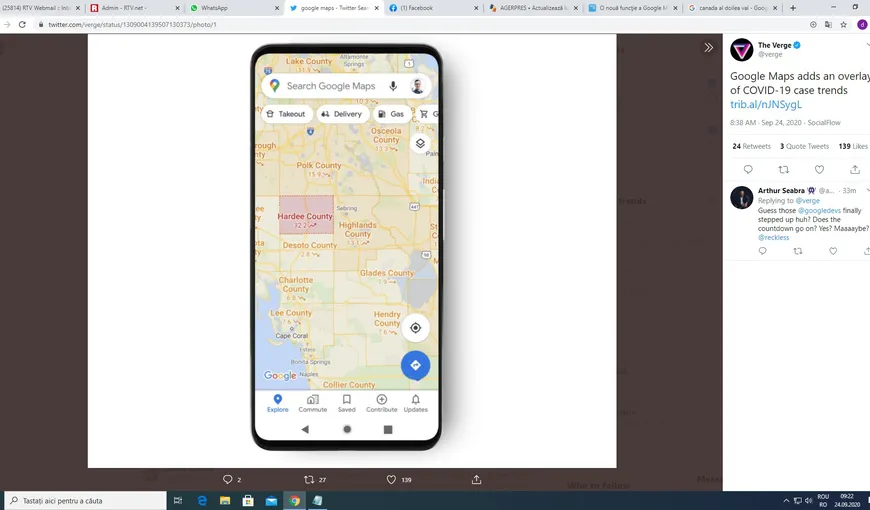 Google Maps introduce o nouă funcţie. Va afişa câte cazuri de Covid-19 sunt într-o anumită zonă geografică