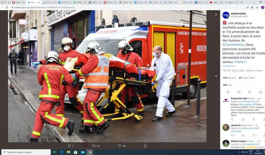 Atac terorist cu maceta în centrul Parisului. Patru oameni au fost răniţi în apropiere de fostul sediu al revistei Charlie Hebdo