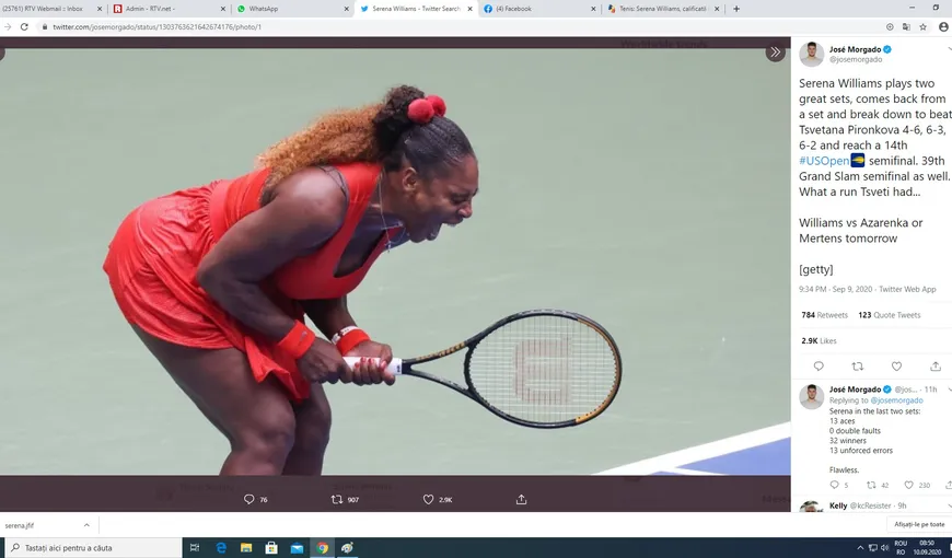 Serena Williams, performanţă incredibilă la 39 de ani. S-a calificat pentru a 14-a oară în semifinalele US Open