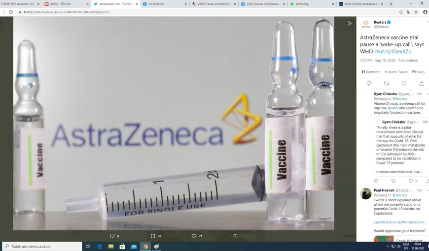 Testele pentru vaccinul anti-COVID de la AstraZeneca vor fi reluate. Când ar putea fi disponibil serul
