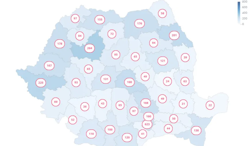 HARTA cazurilor noi COVID-19. 623 de infectări cu SARS-COV2 în Bucureşti. Peste 200 de îmbolnăviri în Cluj, Timiş şi Iaşi