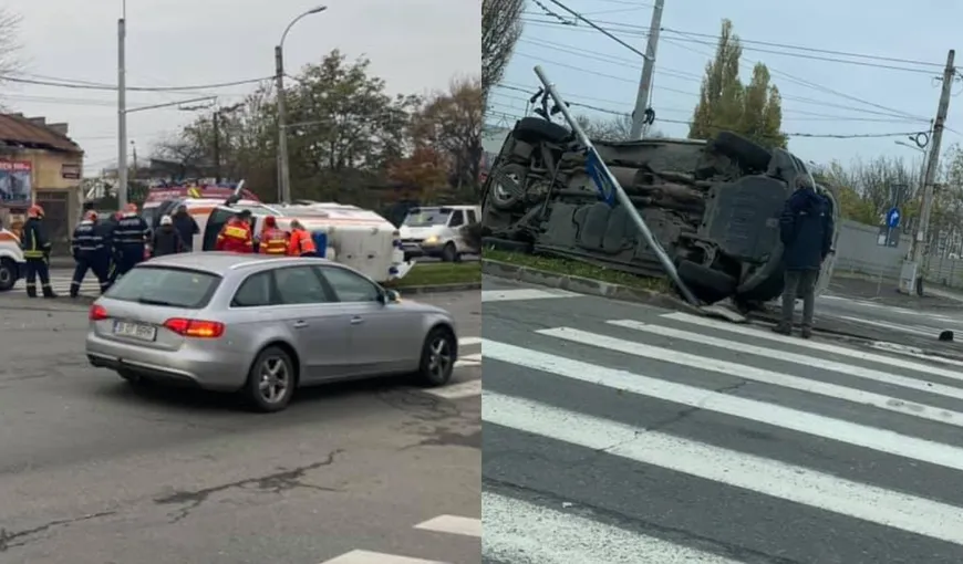 Accident grav în Bucureşti. O ambulanţă a fost răsturnată de un BMW