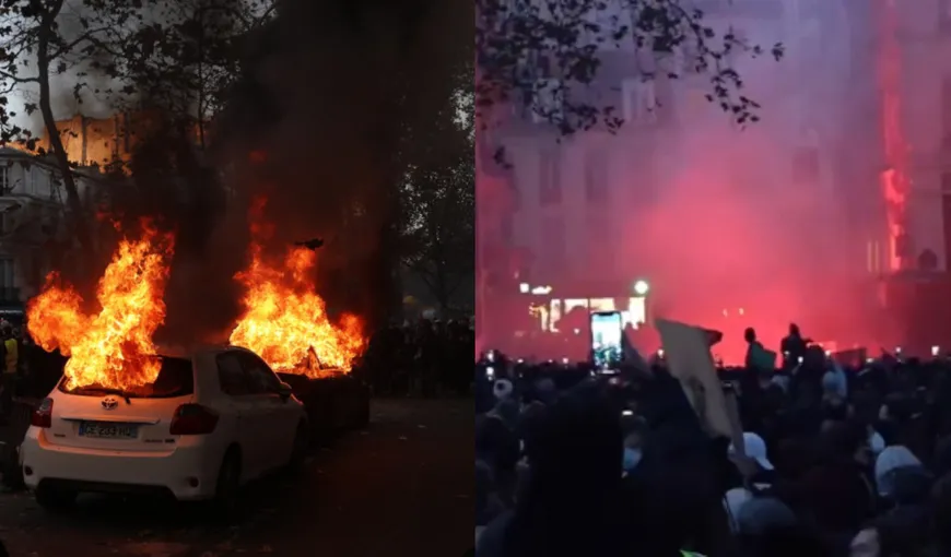 Manifestații violente la Paris. Protestatarii au incendiat mai multe mașini. Forțele de ordine folosesc gaze lacrimogene VIDEO