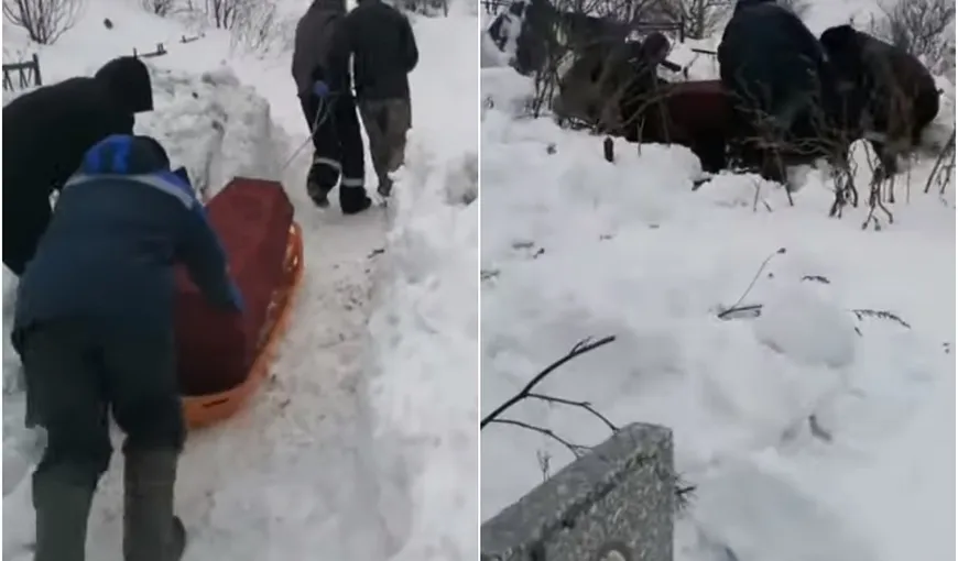 Mort tras cu sania prin zăpadă până la cimitir din pricina nămeţilor VIDEO