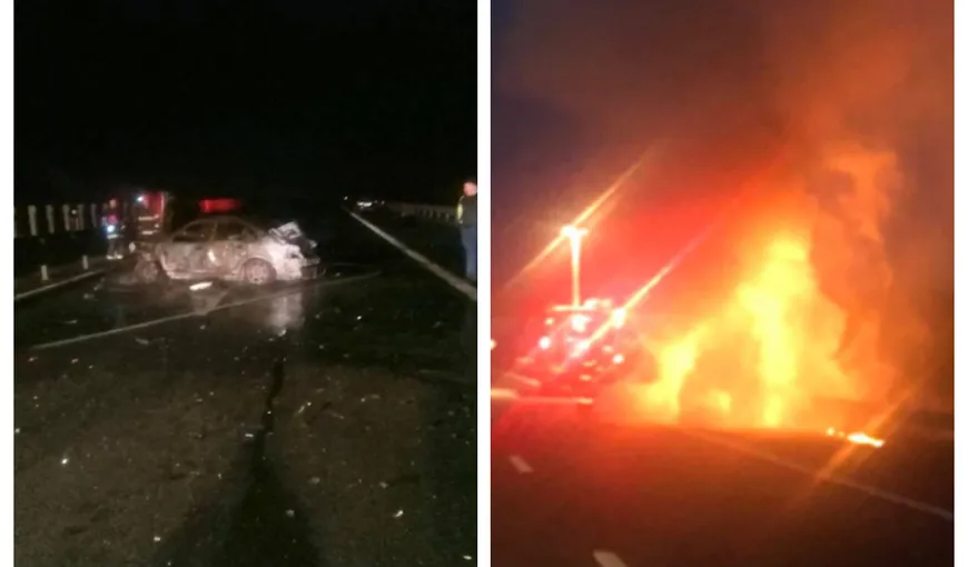 Două persoane au murit într-un accident cumplit pe autostradă. O maşină a luat foc în urma impactului puternic