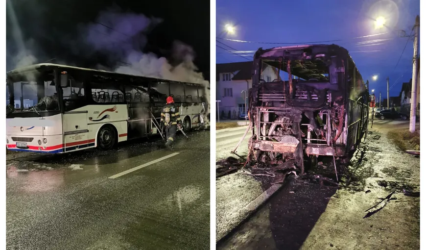 Un autobuz plin cu pasageri a luat foc. Clipe de panică în Sibiu