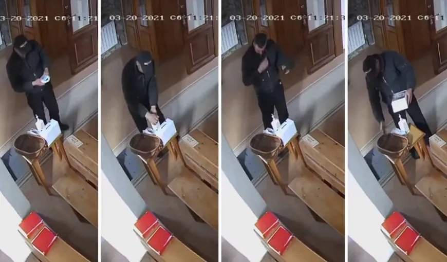Imagini de cascadorii râsului. Un hoţ surprins cum se dezinfecta şi îşi făcea cruce în biserică, înainte de a fura banii din cutia milei – VIDEO