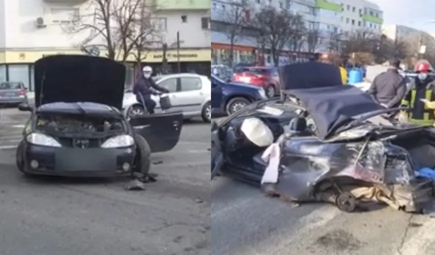 Pericol pe străzile din Capitală! Un șofer a provocat un grav accident rutier! Mașina, făcută PRAF