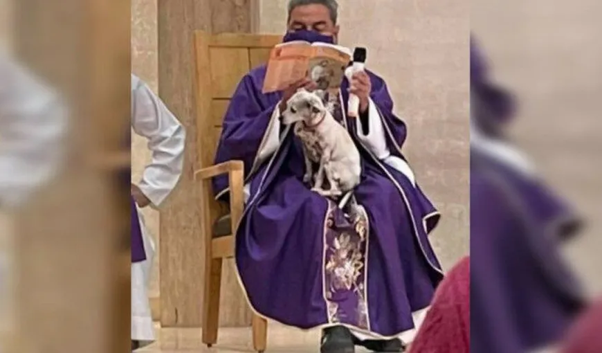 Un preot, cu căţelul în braţe la slujbă: „Este foarte bolnav și dacă îl las acasă se întristează”