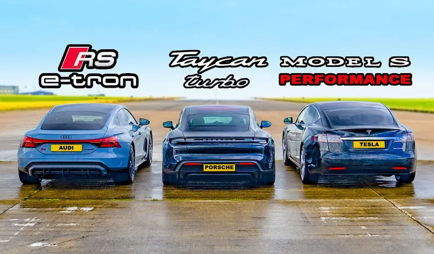 Cursă spectaculoasă între o Tesla, un Audi şi un Porsche pentru a afla care este cea mai rapidă maşină electrică VIDEO
