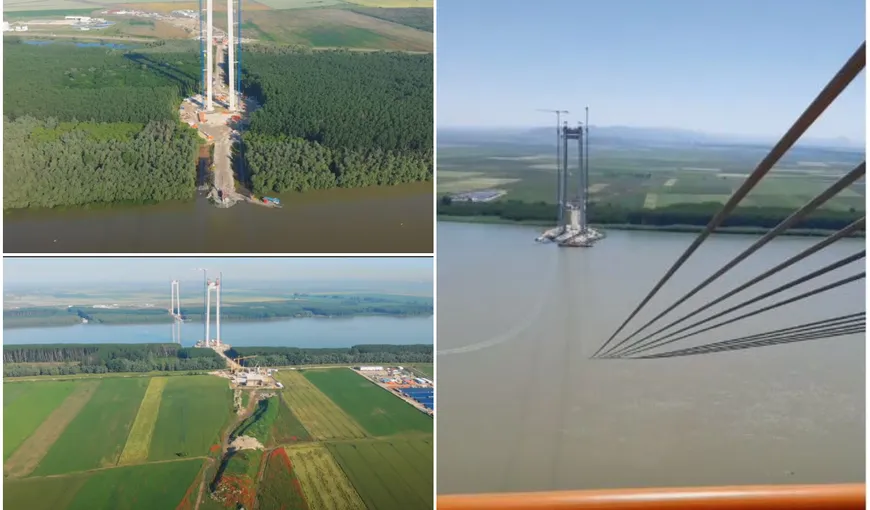 Imagini spectaculoase cu podul suspendat peste Dunăre de la Brăila. A început întinderea cablurilor. „Cei care vor lucra pe ele au nevoie de abilități de pisică”