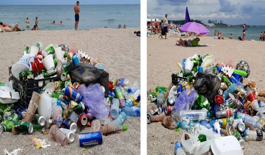 Mizerie de nedescris pe litoralul românesc. Zeci de gunoaie pe plajă, chiar lângă turiştii care stau la soare: „Nu sunt coşuri de gunoi deloc!”