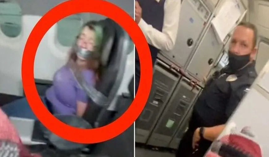 Situație halucinantă într-un avion. O femeie a fost legată cu bandă adezivă după ce a atacat însoțitoarele de zbor! Imaginele au devenit virale