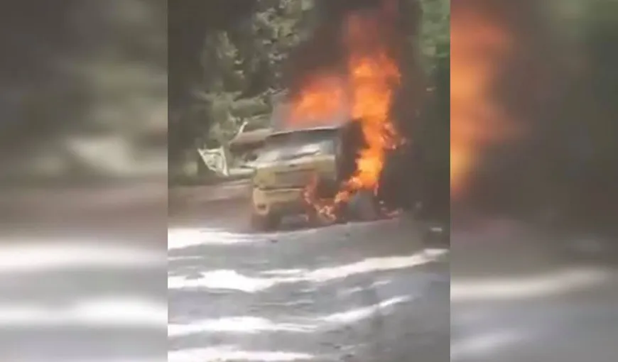 Maşina unui echipaj participant la Raliul Sibiului a luat foc VIDEO