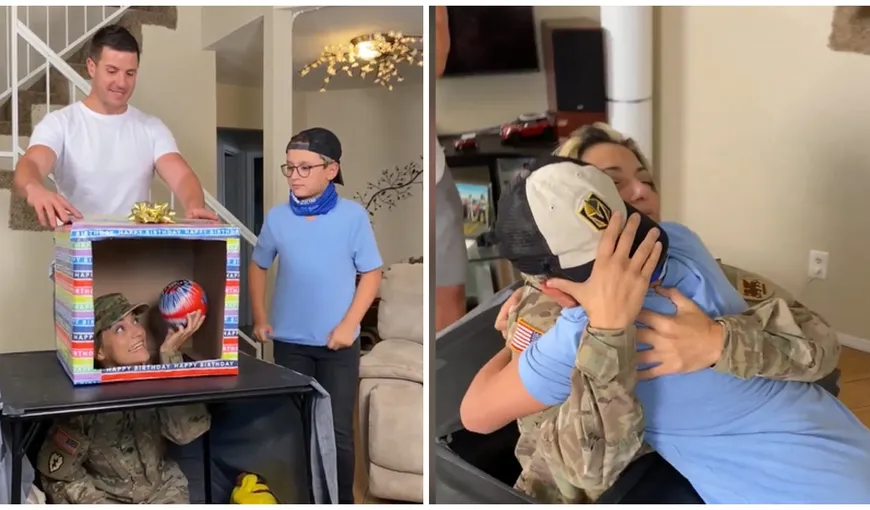 Reacția emoționantă a unui băiețel care își revede mama, soldat în armată, după un an de zile VIDEO