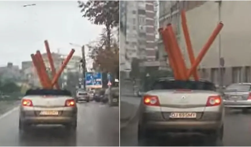 Imagini virale. Craiovean, filmat în timp ce transporta cu o mașină decapotabilă mai multe țevi, pe ploaie VIDEO