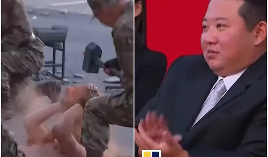Demonstraţie de forţă sub privirile încântate ale lui Kim Jong-un: soldaţi care sparg cărămizi cu capul, rup lanţuri şi îndoaie bare de fier. VIDEO
