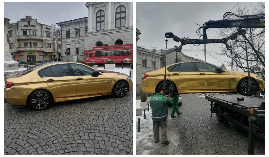 BMW de „aur” parcat neregulamentar, ridicat de poliţiştii din Iaşi. Câţi bani trebuie să plătească şoferul ca să-şi recupereze bolidul