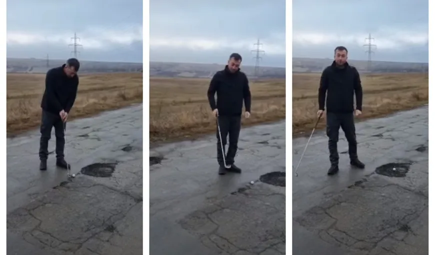 Protest inedit într-o localitate din Vaslui. Sătenii au jucat golf în gropile din asfalt VIDEO