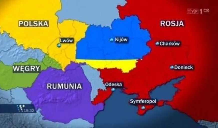 Televiziunea naţională din Polonia a prezentat o hartă cu Ucraina divizată, regiunea Cernăuţi ar trece la România. „Occidentul e pregătit să împartă Ucraina”, acuză un deputat de la Kiev