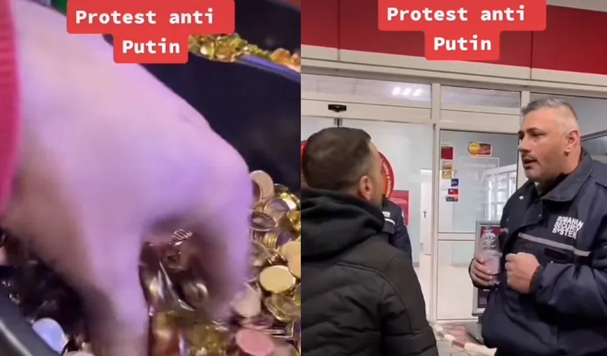 VIDEO Protest la benzinăria Lukoil, împotriva lui Putin. Câţiva bărbaţi au încercat să plătească cu găleţi pline de monede