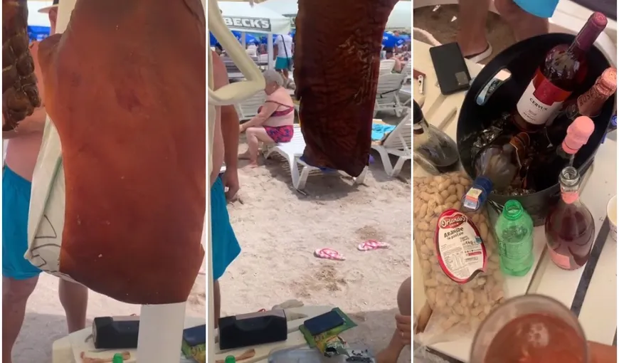 Imagini halucinante pe plaja de la Costineşti! Mai mulţi turişti care au întins masă mare şi-au agăţat carnea afumată de umbrelă. VIDEO