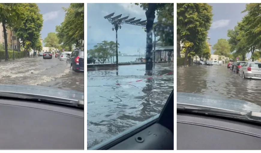 Străzi din Constanța inundate din cauza ploilor torențiale. Zona Falezei Cazino Constanța s-a transformat în „piscină”. „O să iau barca până în centru”
