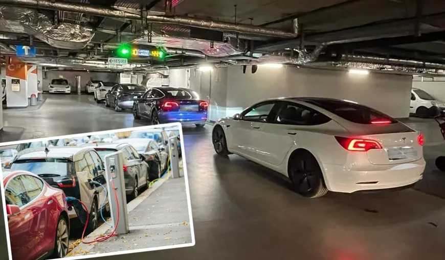Video! Culmea crizei energetice! Bucureștenii cu Tesla de zeci de mii de euro stau ore întregi la coadă, noaptea, în parcarea subterană de la mall, ca să-și încarce mașinile electrice gratis
