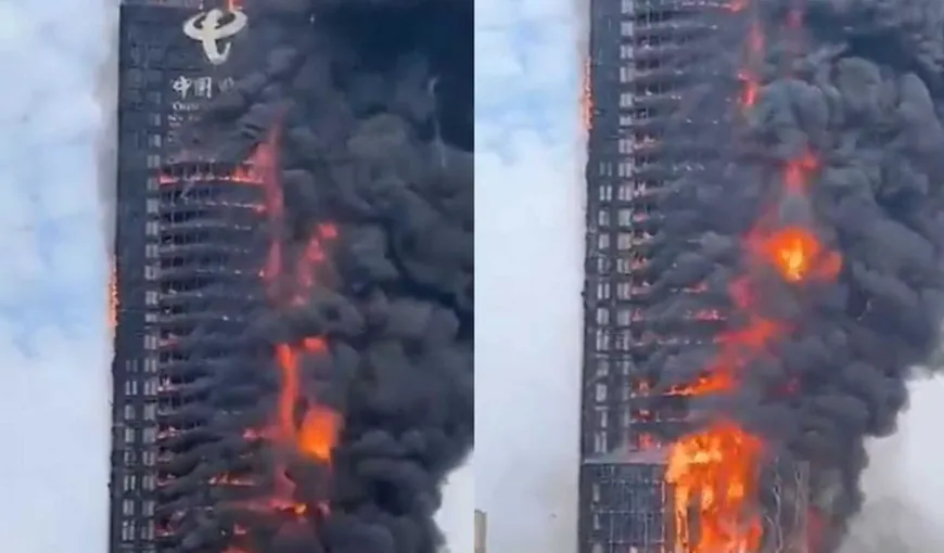 Incendiu violent într-un zgârie-nori, zeci de etaje în flăcări. VIDEO spectaculos