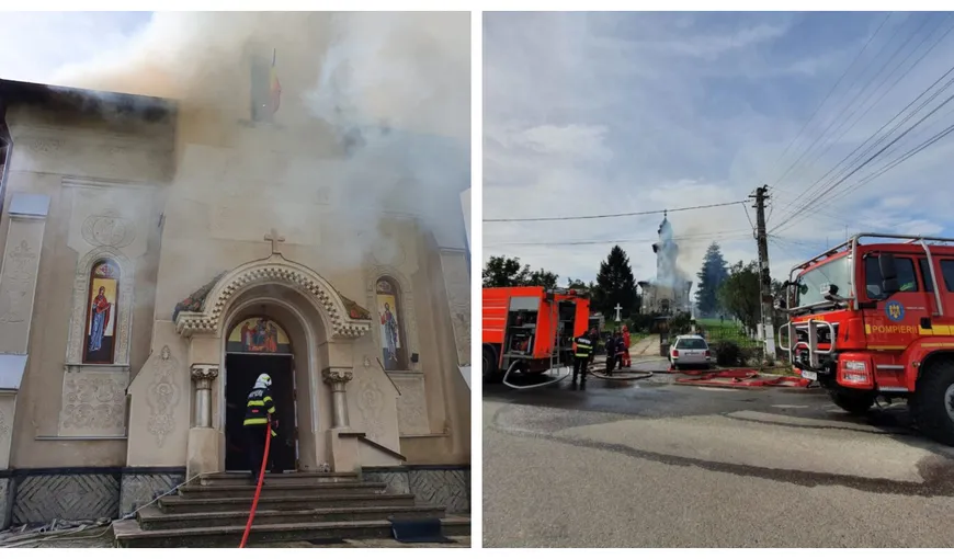 Incendiu puternic la o biserică din Sălaj. Pompierii intervin pentru stingerea focului