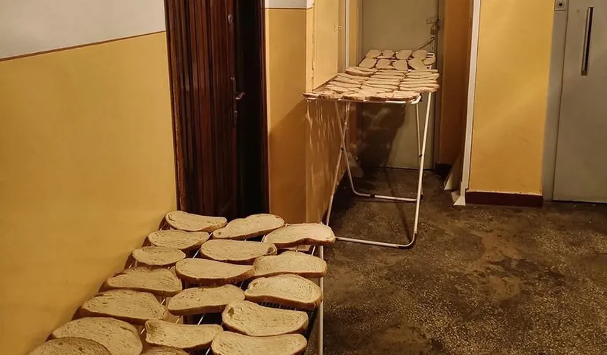 Cum păstrează oamenii tradițiile românești, la bloc. O familie a pus la uscat 50 de felii de pâine în scara blocului
