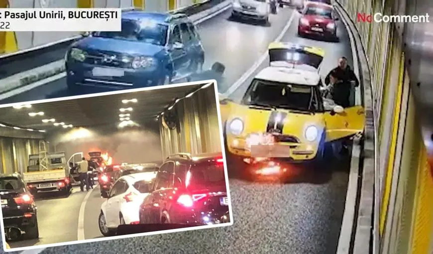 Momentul în care mașina unde se aflau doi adulți și un copil a luat foc, în Pasajul Unirii – VIDEO