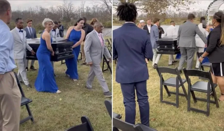Apariţie inedită a unui bărbat la propria nuntă: ginerică şi-a făcut apariţie într-un sicriu sub privirile şocate ale nuntaşilor. VIDEO