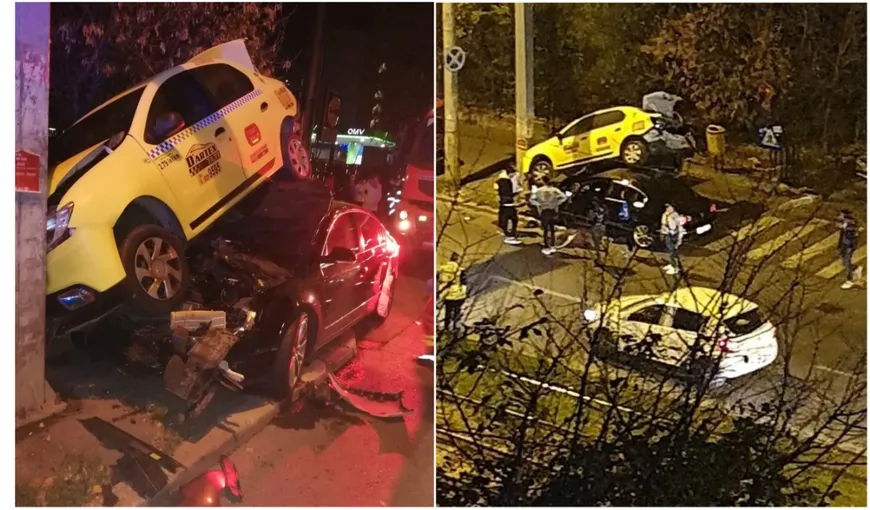Accident spectaculos în București! Mașina unui tânăr de 21 de ani a ajuns sub un taxi parcat pe Calea Rahovei