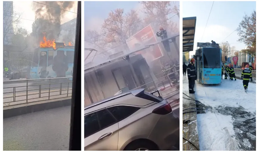Un tramvai a luat foc în Bucureşti. Sunt degajări mari de fum. Traficul a fost oprit