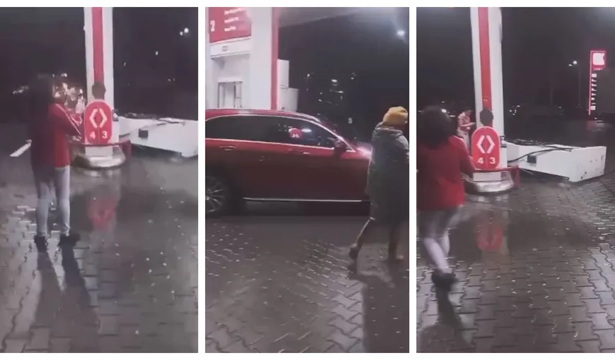 VIDEO! O șoferiță cu un Mercedes GLC a plecat cu tot cu pompă de alimentare într-o benzinărie Lukoil din Ploiești! Uitase să scoată pistolul din rezervor!